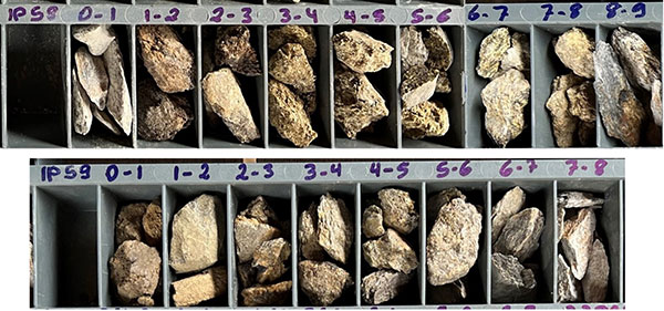 Figure 4: PGE high-grade “chip” archive samples from Trado® holes TR22IP58 and TR22IP59, which returned 8 m grading 2.05 g/t 2PGE+Au from 1 m, incl. 3 m grading 4.70 g/t 2PGE+Au from 6 m, and 6 m grading 3.60 g/t 2PGE+Au from 2 m, incl. 4 m grading 5.00 g/t 2PGE+Au from 4 m, respectively. Individual chip trays are 50 x 25 mm.